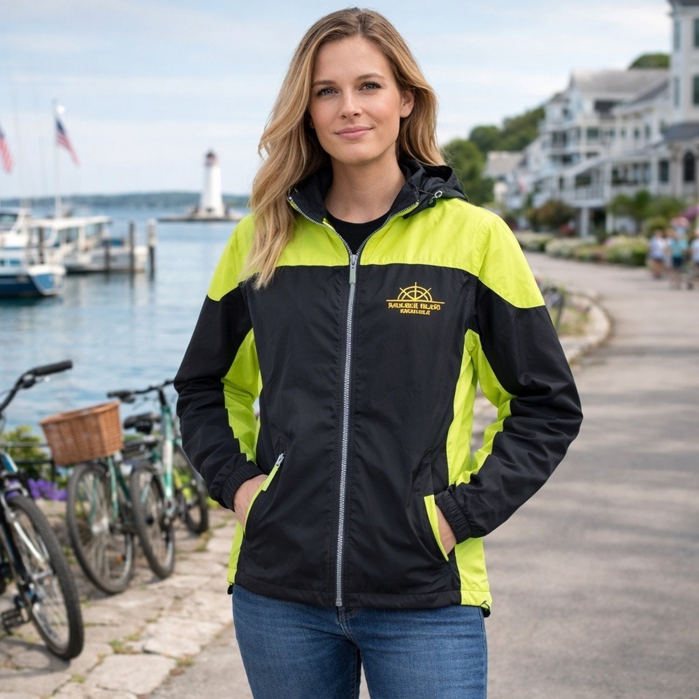 Mackinac Island Small Jacket Unisex Michigan‎ Adult Hood Fleece Lined Neon Black